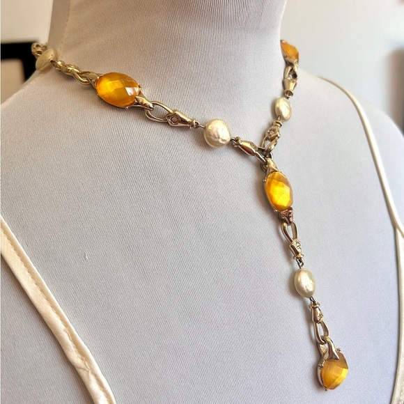 Fairycore Vintage-Inspired Faux Citrine & Pearl Drop Necklace - Picture 3 of 5